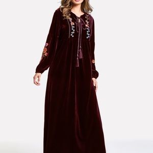 Maroon Velvet Embroidered Maxi Dress